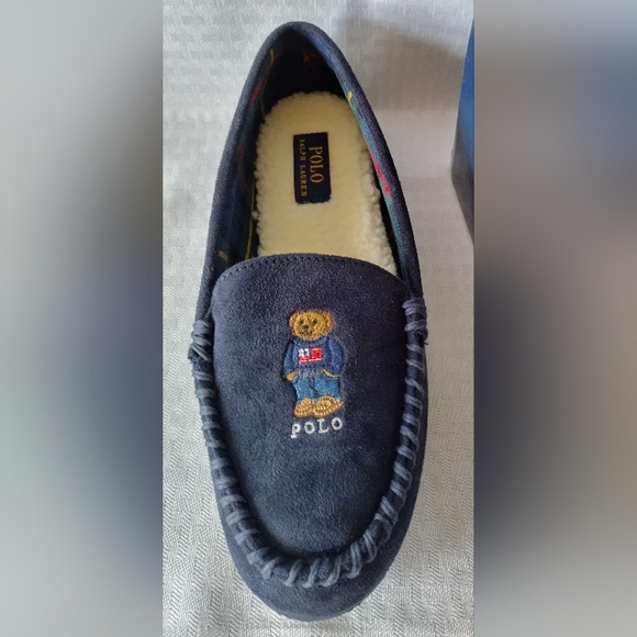 RALPH LAUREN Polo Bear Memory Foam Sherpa Slippers Moccasins Womens size 10 Navy - Picture 3 of 9